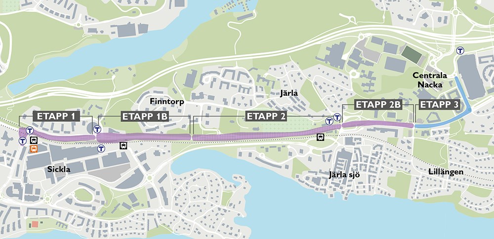 Kartbild över Värmdövägen med etapper